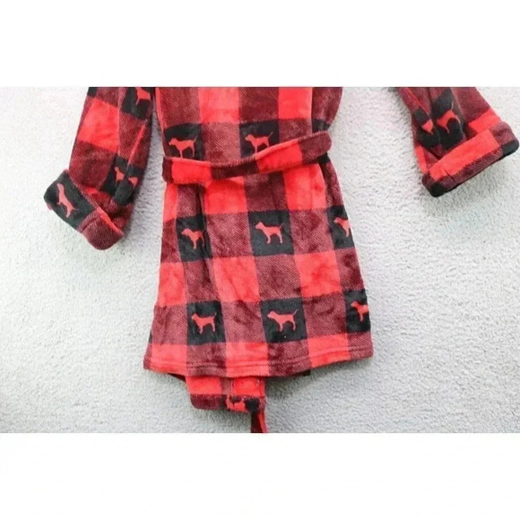 Women's Pink-Victoria's Secret Robe-Plush Velour-Red & Black-S/SP-Puppies - Picture 7 of 8